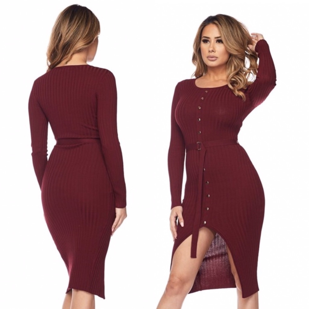 ‼️ Burgundy Midi Fitted Sweater Dress Waist Tie
